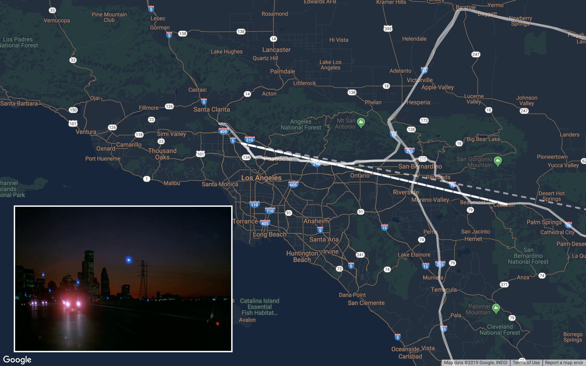 Cinepath map of Paris, Texas zoomed on Los Angeles with an inset of a neon highway film still