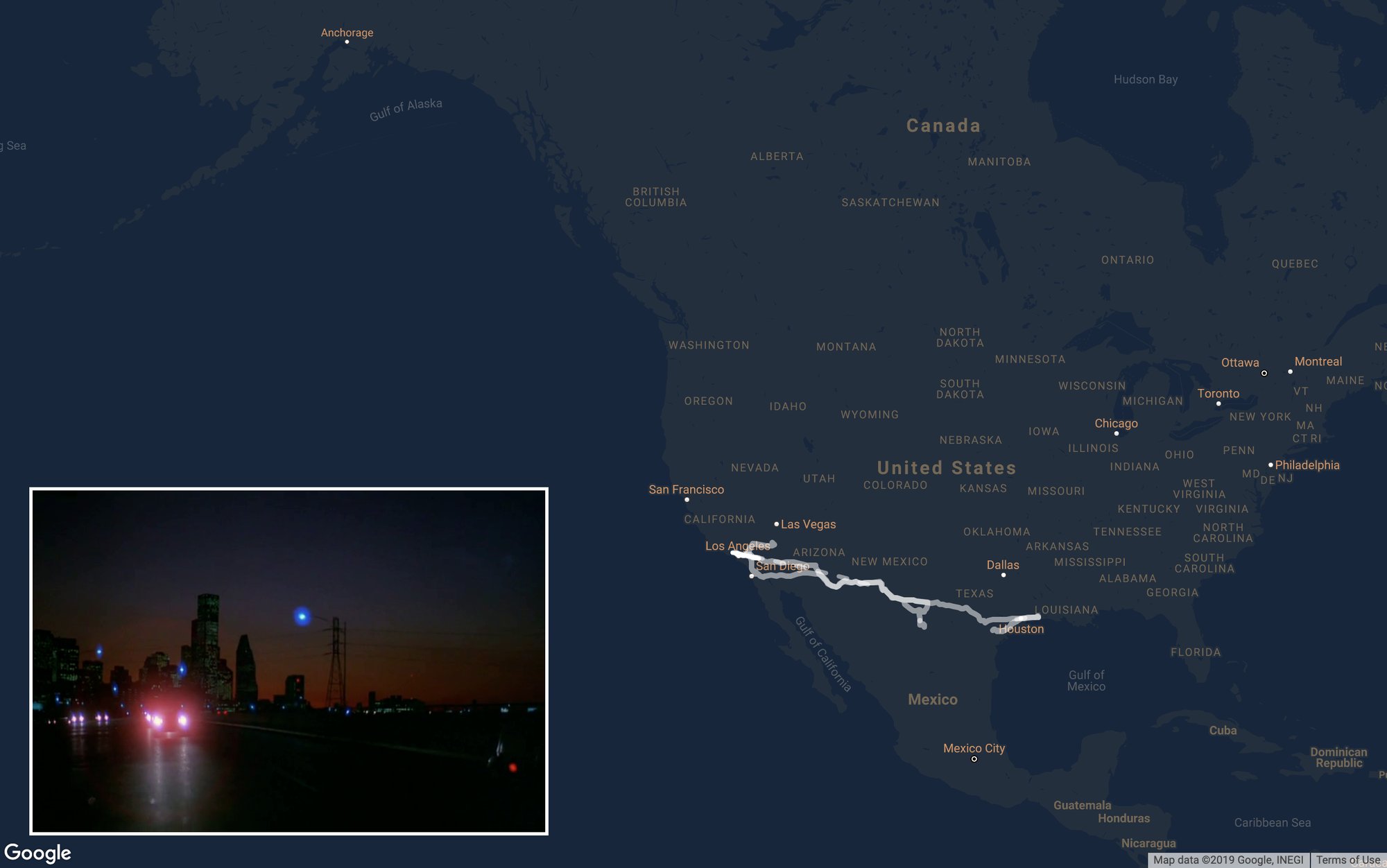 Cinepath North America map tracing Travis's route from California to Texas in Paris, Texas