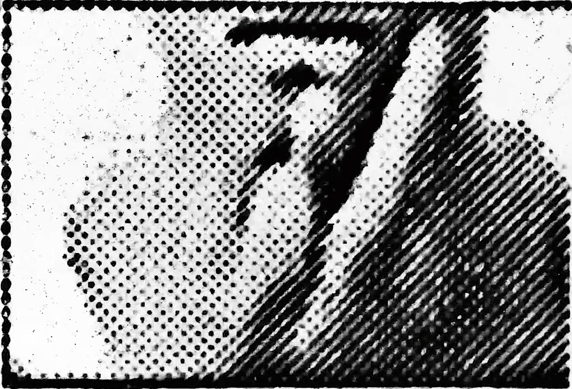Halftone laser-print scan of a GAN-generated figure on 16mm film for The Perfect Human