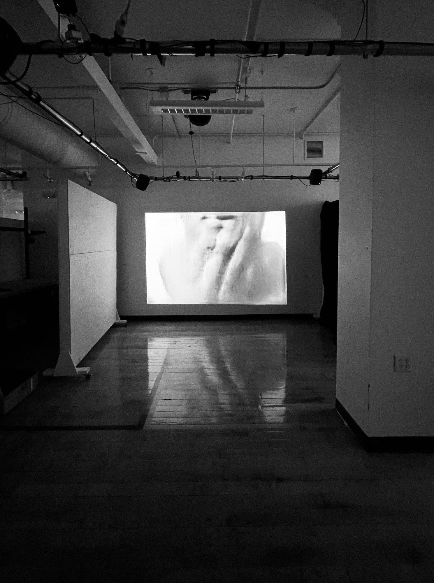 Dark gallery interior with a ghostly GAN-generated face projected large on a white wall, from The Perfect Human video installation